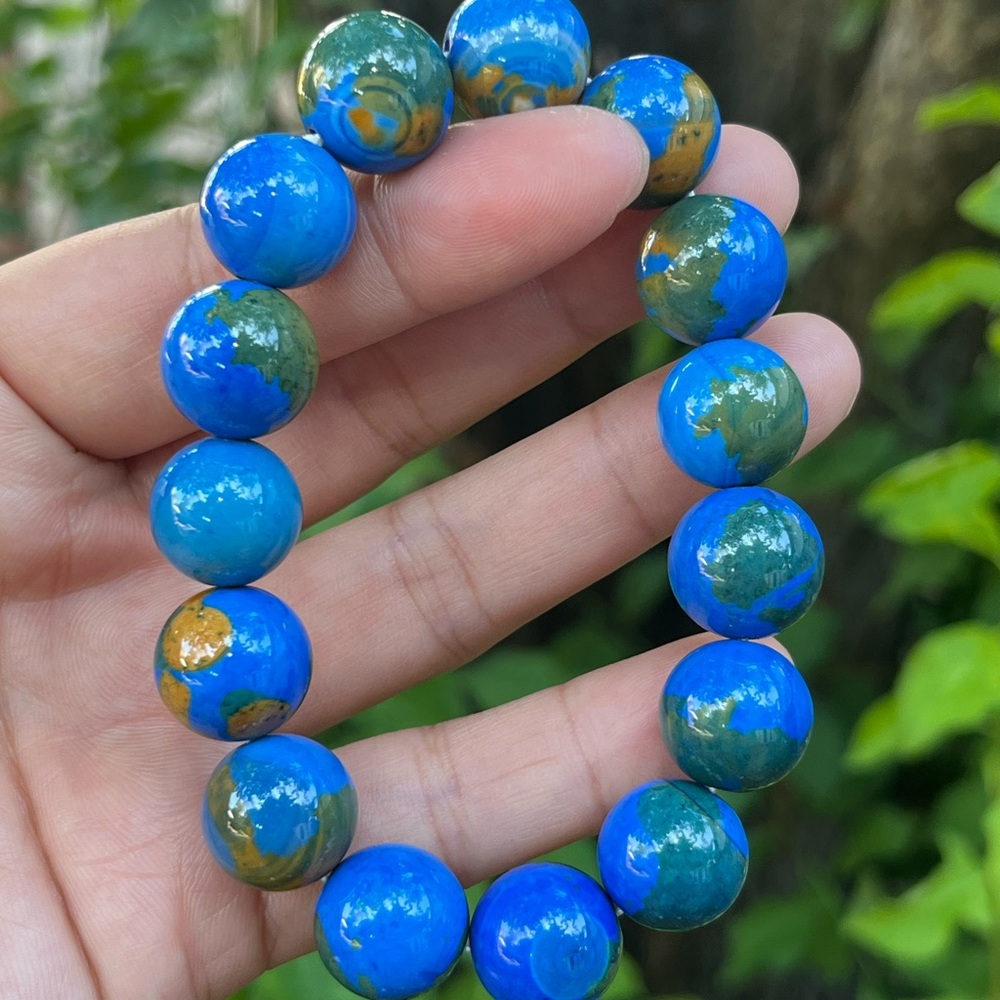 14mm stretchable blue earth pattern agate bracelet - Picture 7 of 13